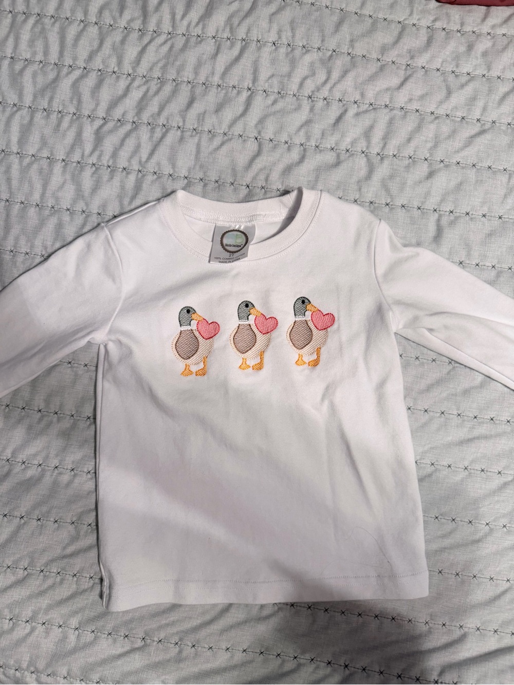 Toddler boy Valentine Long-Sleeve Shirt with Duck Heart Embroidery